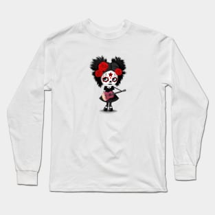 Sugar Skull Girl Playing Qatari Flag Guitar Long Sleeve T-Shirt